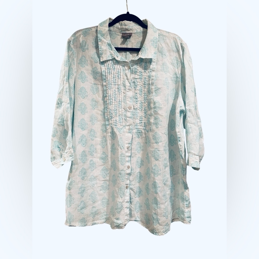 J. Jill Aqua Damask Block Print Linen Button Down Shirt